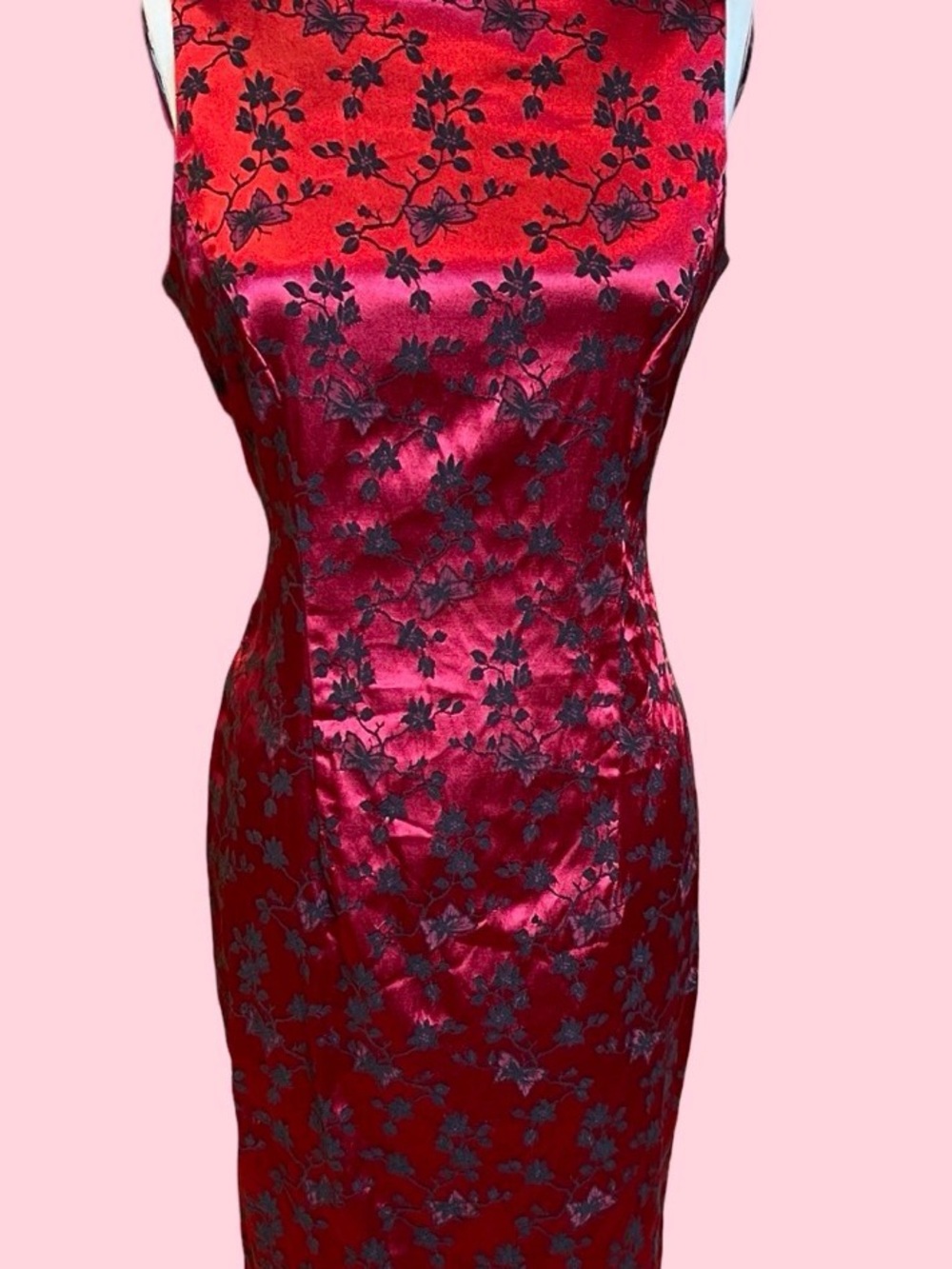 Vintage 90s Y2K Red Satin Brocade Mini Dress Flocked Floral Sheath Tank